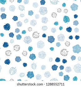 Light BLUE vector seamless doodle background with leaves, flowers. Colorful illustration in doodle style with leaves, flowers. Texture for window blinds, curtains.