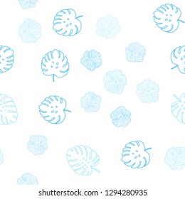 Light BLUE vector seamless doodle background with flowers, leaves. Abstract illustration with leaves, flowers in doodles style. Pattern for trendy fabric, wallpapers.