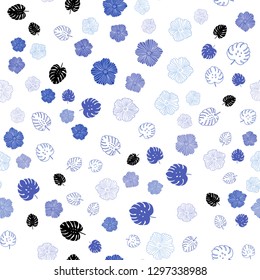 Light BLUE vector seamless doodle pattern with leaves, flowers. Leaves, flowers in natural style on white background. Texture for window blinds, curtains.