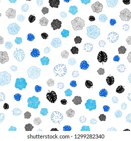 Light BLUE vector seamless doodle backdrop with leaves, flowers. Abstract illustration with leaves, flowers in doodles style. Texture for window blinds, curtains.