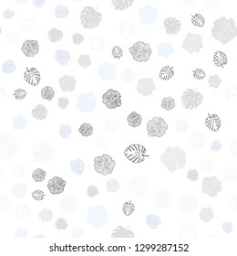 Light BLUE vector seamless doodle pattern with leaves, flowers. Abstract illustration with leaves, flowers in doodles style. Texture for window blinds, curtains.