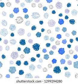 Light BLUE vector seamless doodle backdrop with leaves, flowers. Leaves, flowers in natural style on white background. Texture for window blinds, curtains.