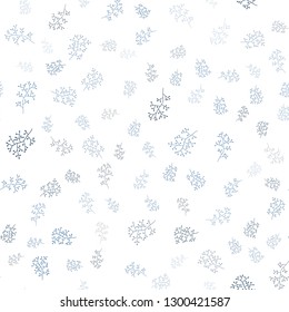 Light BLUE vector seamless doodle pattern with leaves, branches. Sketchy doodles on white background. Design for textile, fabric, wallpapers.