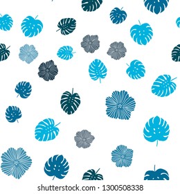 Light BLUE vector seamless doodle background with flowers, leaves. Sketchy doodles on white background. Template for business cards, websites.
