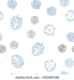 Light BLUE vector seamless doodle pattern with flowers, leaves. Modern abstract illustration with leaves and flowers. Texture for window blinds, curtains.