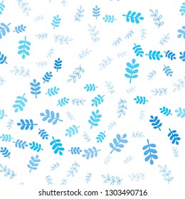 Light BLUE vector seamless doodle layout with leaves, branches. Leaves and branches with gradient on white background. Texture for window blinds, curtains.