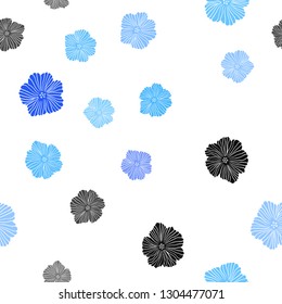 Light BLUE vector seamless doodle pattern with flowers. Sketchy doodle flowers on white background. Texture for window blinds, curtains.