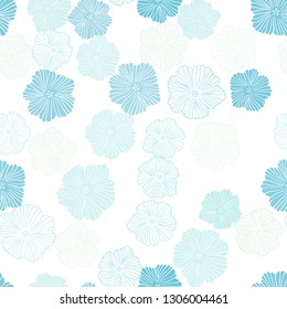Light BLUE vector seamless doodle background with flowers. Sketchy doodle flowers on white background. Design for textile, fabric, wallpapers.