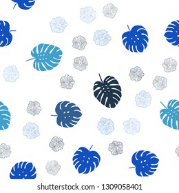 Light BLUE vector seamless doodle background with flowers, leaves. Leaves and flowers with gradient on white background. Template for business cards, websites.