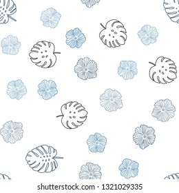 Light BLUE vector seamless doodle background with flowers, leaves. Colorful illustration in doodle style with leaves, flowers. Pattern for trendy fabric, wallpapers.