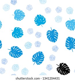Light BLUE vector seamless doodle texture with flowers, leaves. Abstract illustration with leaves, flowers in doodles style. Texture for window blinds, curtains.