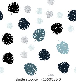 Light BLUE vector seamless doodle background with flowers, leaves. Leaves and flowers with gradient on white background. Texture for window blinds, curtains.