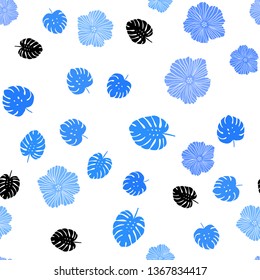 Light BLUE vector seamless doodle pattern with flowers, leaves. Shining colored illustration with leaves and flowers. Pattern for design of fabric, wallpapers.