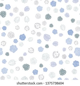 Light BLUE vector seamless doodle background with leaves, flowers. Leaves and flowers with gradient on white background. Pattern for design of fabric, wallpapers.