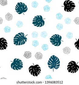 Light BLUE vector seamless doodle background with flowers, leaves. Glitter abstract illustration with leaves and flowers. Template for business cards, websites.