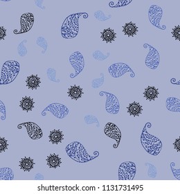 Light BLUE vector seamless elegant wallpaper with leaves and flowers. Sketchy doodles on white background. Textured pattern for a website, banner.