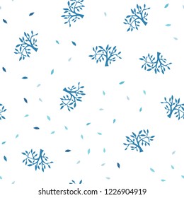Light BLUE vector seamless elegant background with leaves, branches. Sketchy doodles on white background. Texture for window blinds, curtains.