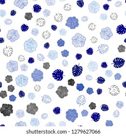 Light BLUE vector seamless elegant pattern with leaves, flowers. Shining colored illustration with leaves and flowers. Texture for window blinds, curtains.