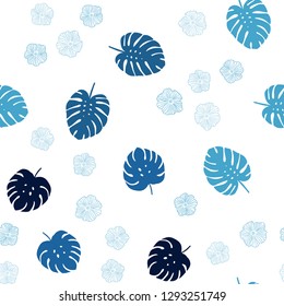 Light BLUE vector seamless elegant template with flowers, leaves. Colorful illustration in doodle style with leaves, flowers. Pattern for design of fabric, wallpapers.