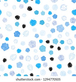 Light BLUE vector seamless elegant wallpaper with leaves, flowers. Shining colored illustration with leaves and flowers. Texture for window blinds, curtains.