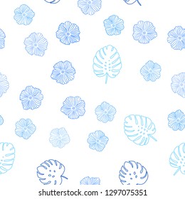 Light BLUE vector seamless elegant wallpaper with flowers, leaves. Doodle illustration of leaves and flowers in Origami style. Design for textile, fabric, wallpapers.