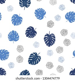 Light BLUE vector seamless elegant pattern with flowers, leaves. Colorful illustration in doodle style with leaves, flowers. Texture for window blinds, curtains.