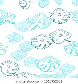 Light BLUE vector seamless elegant template with flowers, leaves. Glitter abstract illustration with leaves and flowers. Pattern for design of fabric, wallpapers.