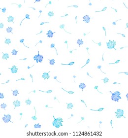 Light BLUE vector seamless hand painted backdrop. Sketchy doodles with leaves on white background. Doodle design for your web site.