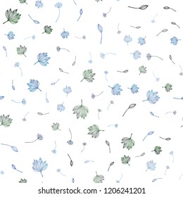 Light BLUE vector seamless hand painted backdrop. Glitter abstract illustration with doodles and leaves. Hand painted design for web, leaflet, textile.
