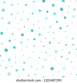 Light BLUE vector seamless layout with circles, lines, rectangles. Circles, lines, rhombus with colorful gradient. Pattern for design of fabric, wallpapers.