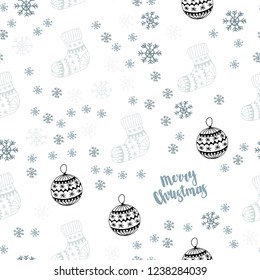 Light BLUE vector seamless layout with bright snowflakes, balls, socks, mittens. Shining colorful illustration in christmas style. Template for business cards, websites.
