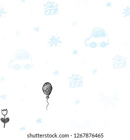 Light BLUE vector seamless layout with new year gifts. Illustration with a colorful toy car, heart, baloon, tulip, candy, ball. Design for holiday adverts.