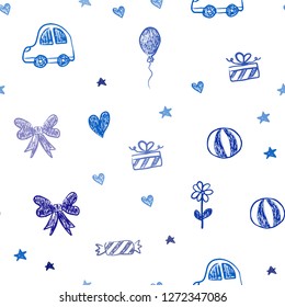 Light BLUE vector seamless layout with new year gifts. Abstract illustration with a toy car, heart, baloon, tulip, candy, ball. Pattern for birthday gifts.