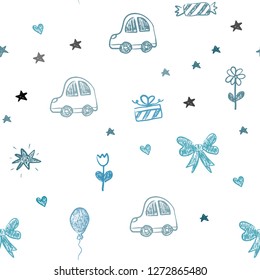 Light BLUE vector seamless layout with new year gifts. Abstract illustration with a toy car, heart, baloon, tulip, candy, ball. Pattern for new year ads.