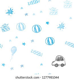Light BLUE vector seamless layout in new year style. Abstract illustration with a toy car, baloon, candy, star, ball. Pattern for carnival, festival ads.