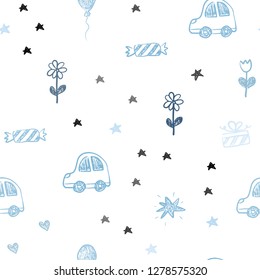 Light BLUE vector seamless layout with new year gifts. Design in xmas style with a toy car, heart, baloon, tulip, candy, ball. Pattern for birthday gifts.