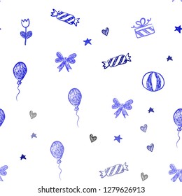 Light BLUE vector seamless layout in new year style. Shining illustration with aheart, baloon, candy, gift, star, ribbon. Design for holiday adverts.