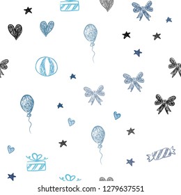 Light BLUE vector seamless layout in new year style. Colorful illustration with aheart, baloon, candy, gift, star, ribbon. Pattern for carnival, festival ads.