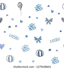 Light BLUE vector seamless layout in new year style. Illustration with a colorfulheart, baloon, candy, gift, star, ribbon. Design for colorful commercials.