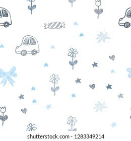 Light BLUE vector seamless layout with new year gifts. Colorful illustration with a toy car, heart, baloon, tulip, candy, ball. Design for holiday adverts.