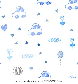 Light BLUE vector seamless layout with new year gifts. Colorful illustration with a toy car, heart, baloon, tulip, candy, ball. Pattern for new year ads.