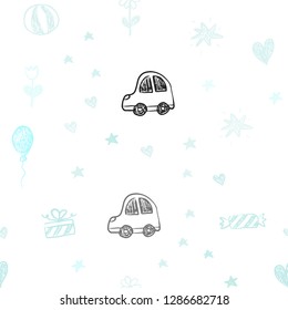 Light BLUE vector seamless layout with new year gifts. Illustration with a gradient toy car, heart, baloon, tulip, candy, ball. Pattern for carnival, festival ads.