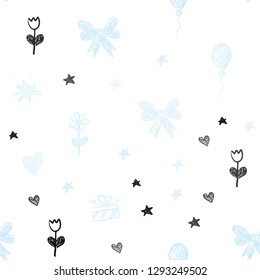 Light BLUE vector seamless layout with new year gifts. Design in xmas style with a toy car, heart, baloon, tulip, candy, ball. Template for new year postcards.