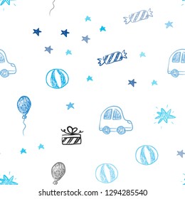 Light BLUE vector seamless layout in new year style. Design in xmas style with a toy car, baloon, candy, star, ball. Design for holiday adverts.