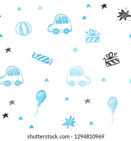 Light BLUE vector seamless layout in new year style. Colorful illustration with a toy car, baloon, candy, star, ball. Pattern for birthday gifts.