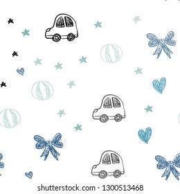 Light BLUE vector seamless layout with new year gifts. Abstract illustration with a toy car, heart, baloon, tulip, candy, ball. Pattern for birthday gifts.