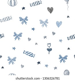 Light BLUE vector seamless layout in new year style. Design in xmas style with aheart, baloon, candy, gift, star, ribbon. Pattern for birthday gifts.