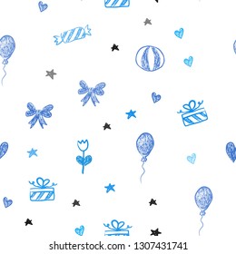 Light BLUE vector seamless layout in new year style. Design in xmas style with aheart, baloon, candy, gift, star, ribbon. Design for holiday adverts.