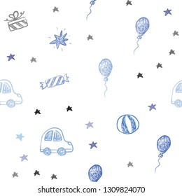 Light BLUE vector seamless layout in new year style. Illustration with a colorful toy car, baloon, candy, star, ball. Template for new year postcards.