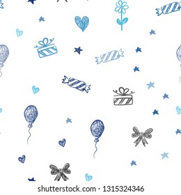 Light BLUE vector seamless layout in new year style. Shining illustration with aheart, baloon, candy, gift, star, ribbon. Template for new year postcards.